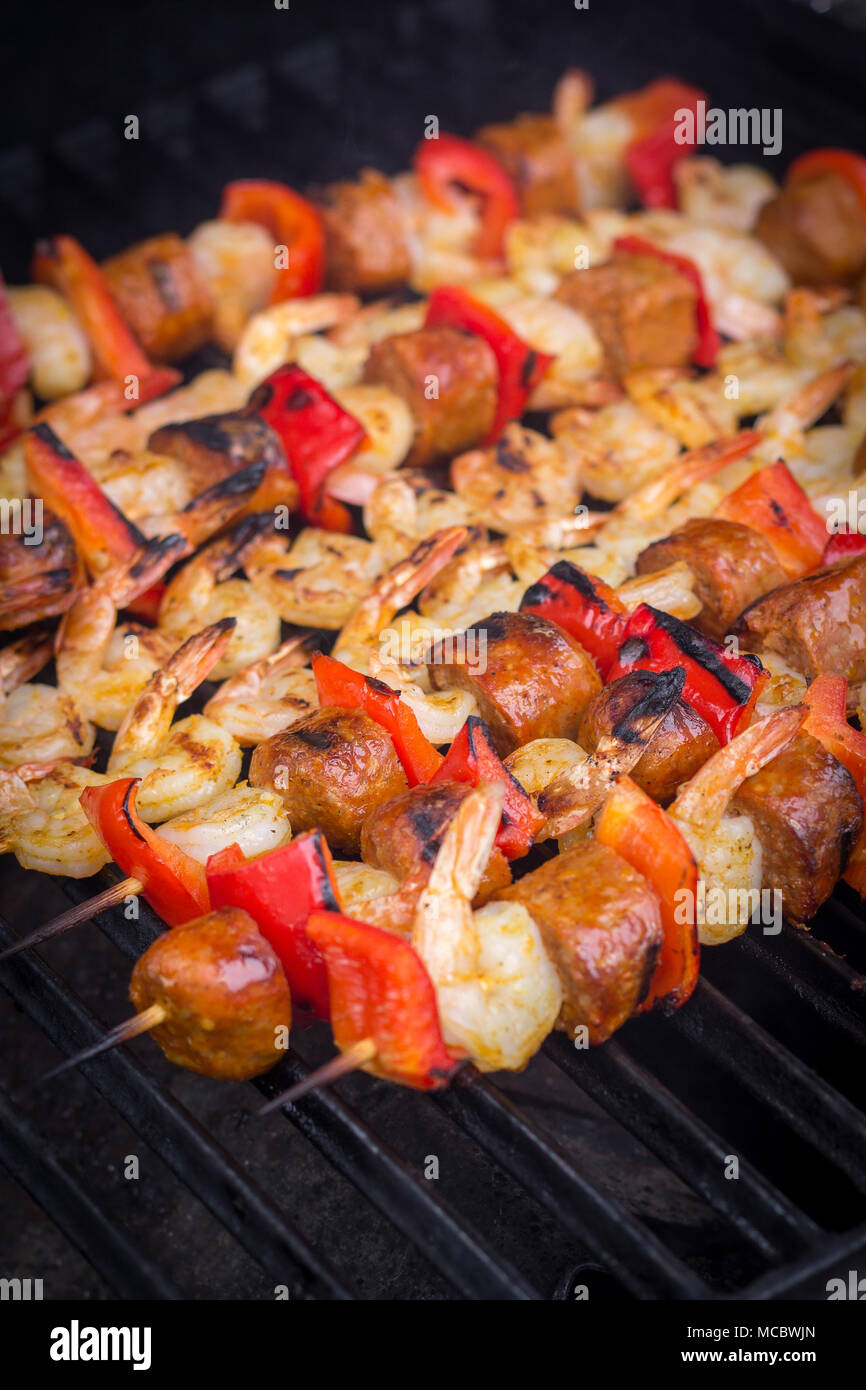 Spicy Cajun Shrimp And Sausage Skewer On The Bbq Grill Stock Photo Alamy