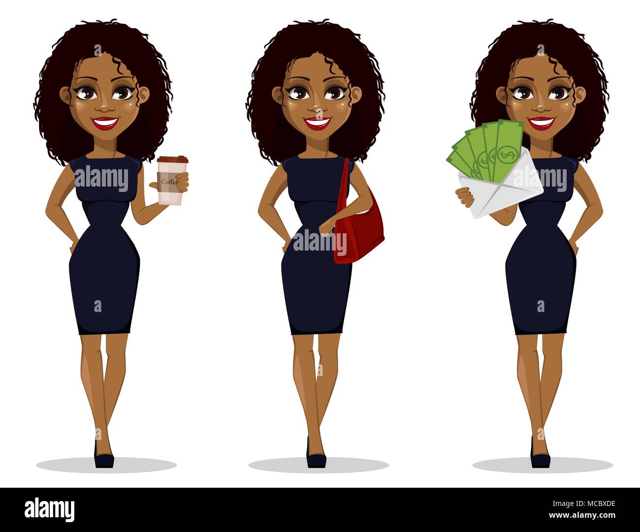 African American business woman cartoon character set. Young