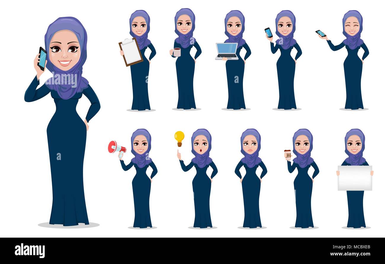 Arabic business woman cartoon character set. Young beautiful Muslim businesswoman in casual clothes. Vector illustration on white background. Stock Vector
