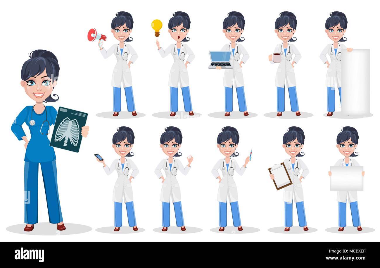 Doctor woman, professional medical staff, set. Beautiful cartoon character medic. Vector illustration Stock Vector