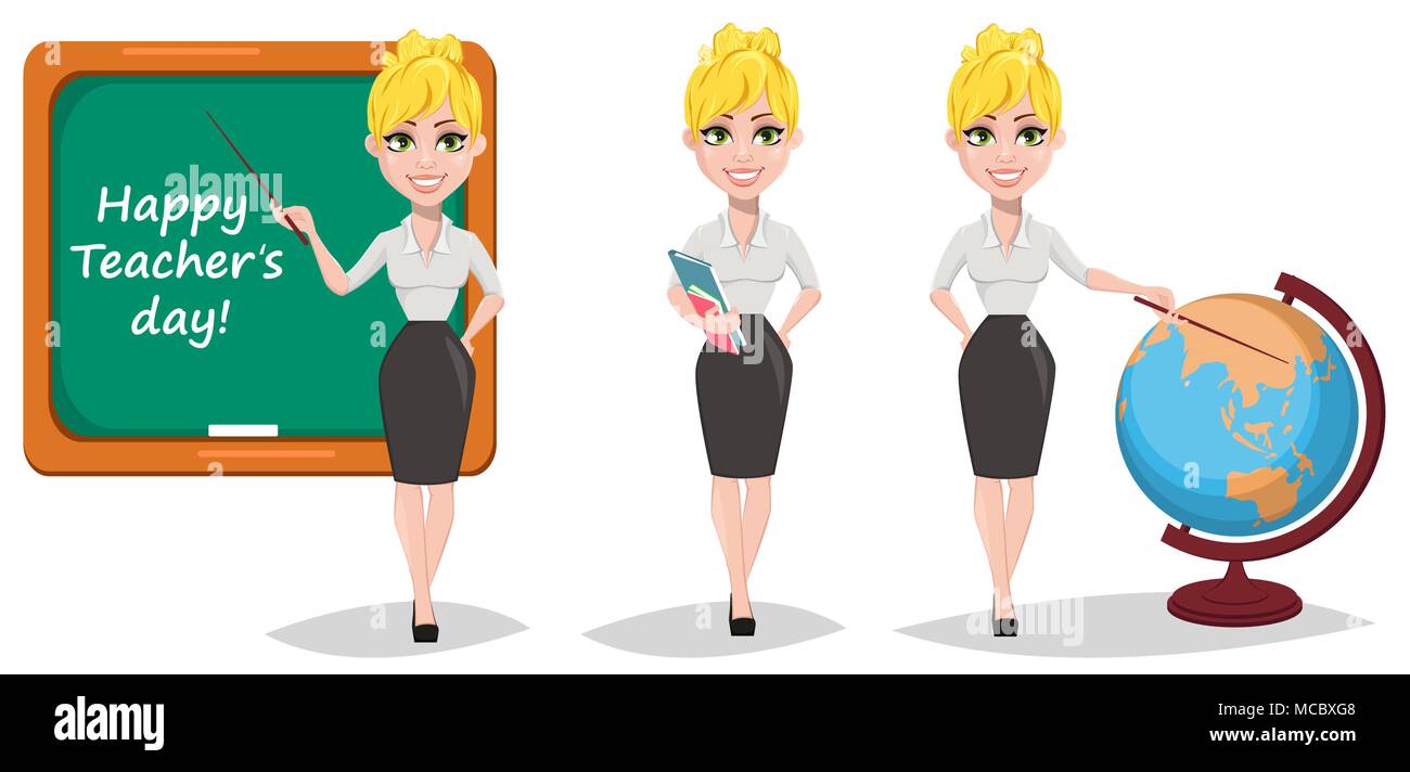 Cheerful female teacher set. Happy teacher's day. Blonde woman teacher, cute cartoon character holding books, showing with a pointer on globe and show Stock Vector