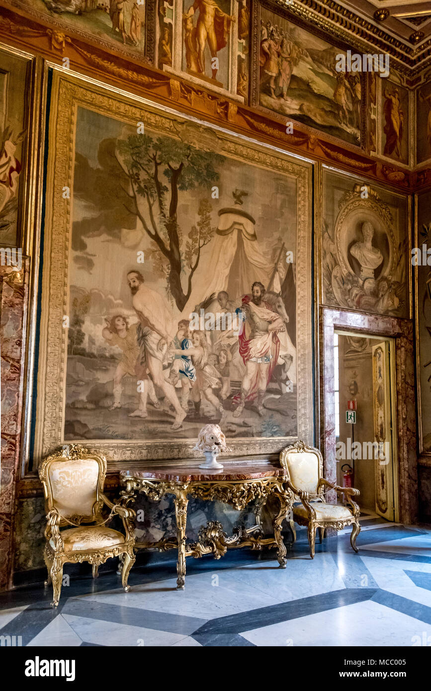 Capitoline Museum room in the appartamento dei conservatori (conservatory apartments) section of the museums, tapestries, furniture. Stock Photo
