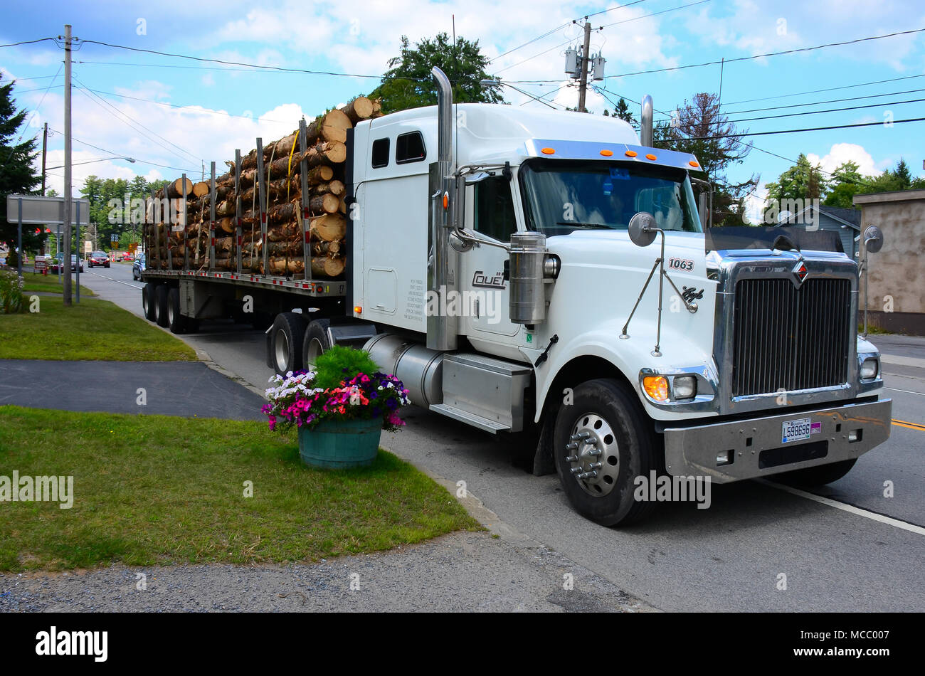 A Quebec Canada licensed tractor trailer, or lorry, loaded with logs parked in front of and blocking driveways in Speculator, NY USA Stock Photo