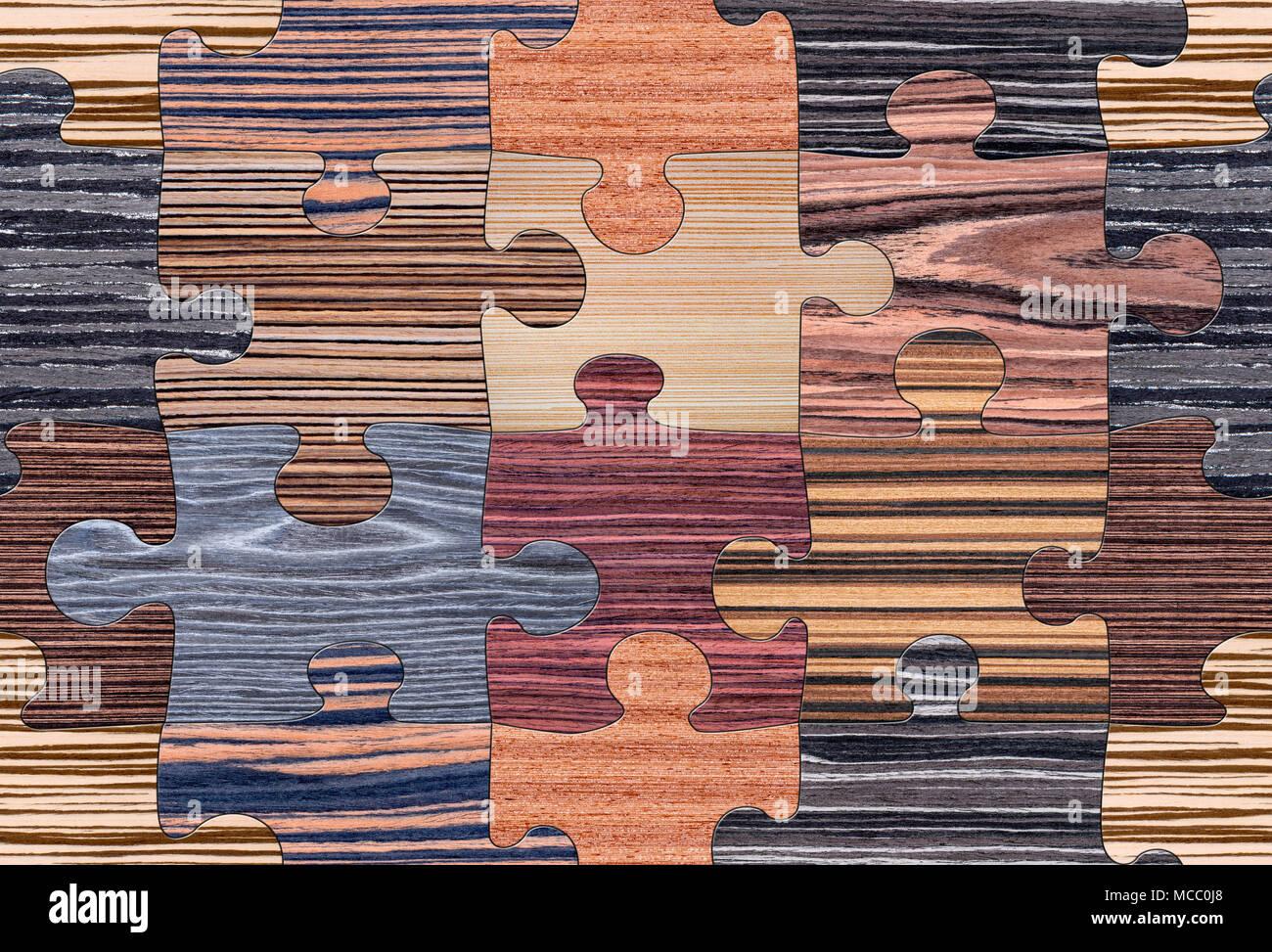 Wooden puzzles assembled for seamless background pattern. Will tile endlessly. Stock Photo