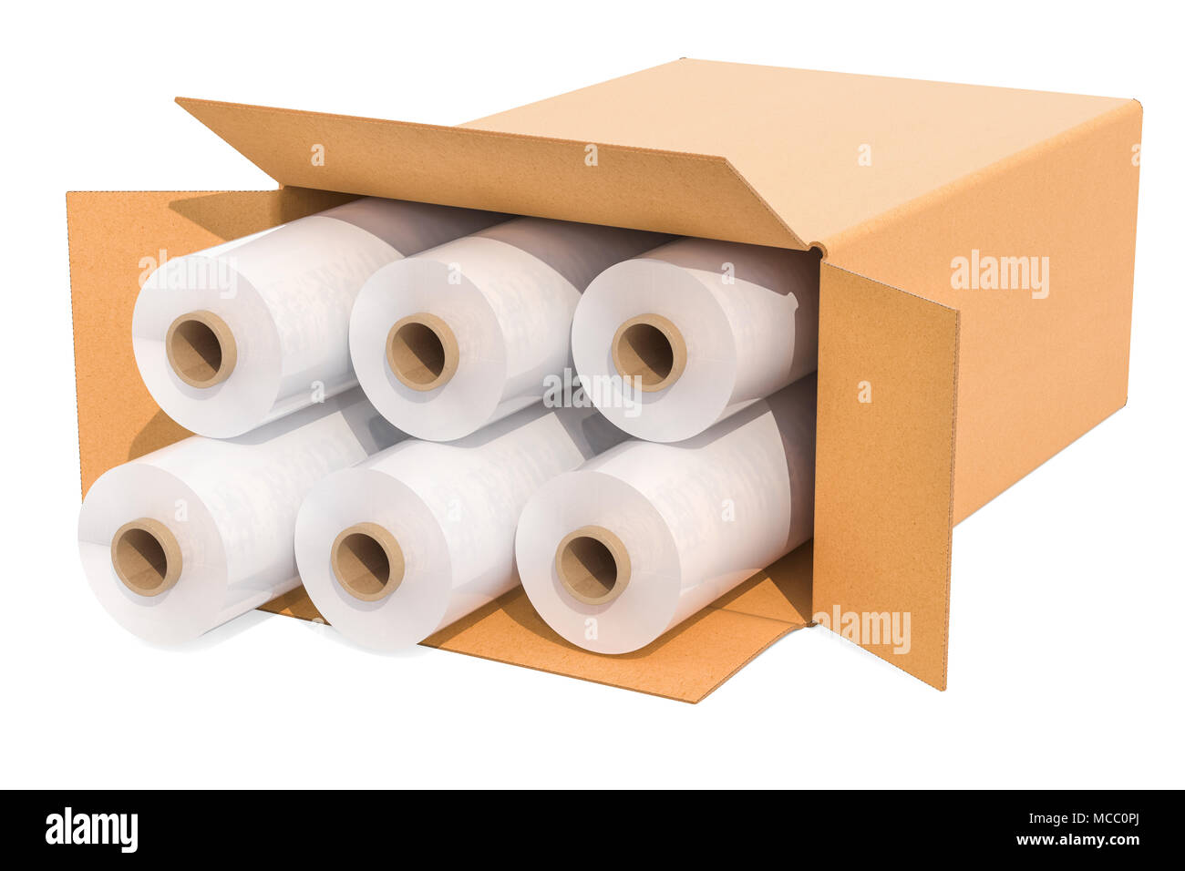Rolls of wrapping plastic stretch films in cardboard box, 3D rendering