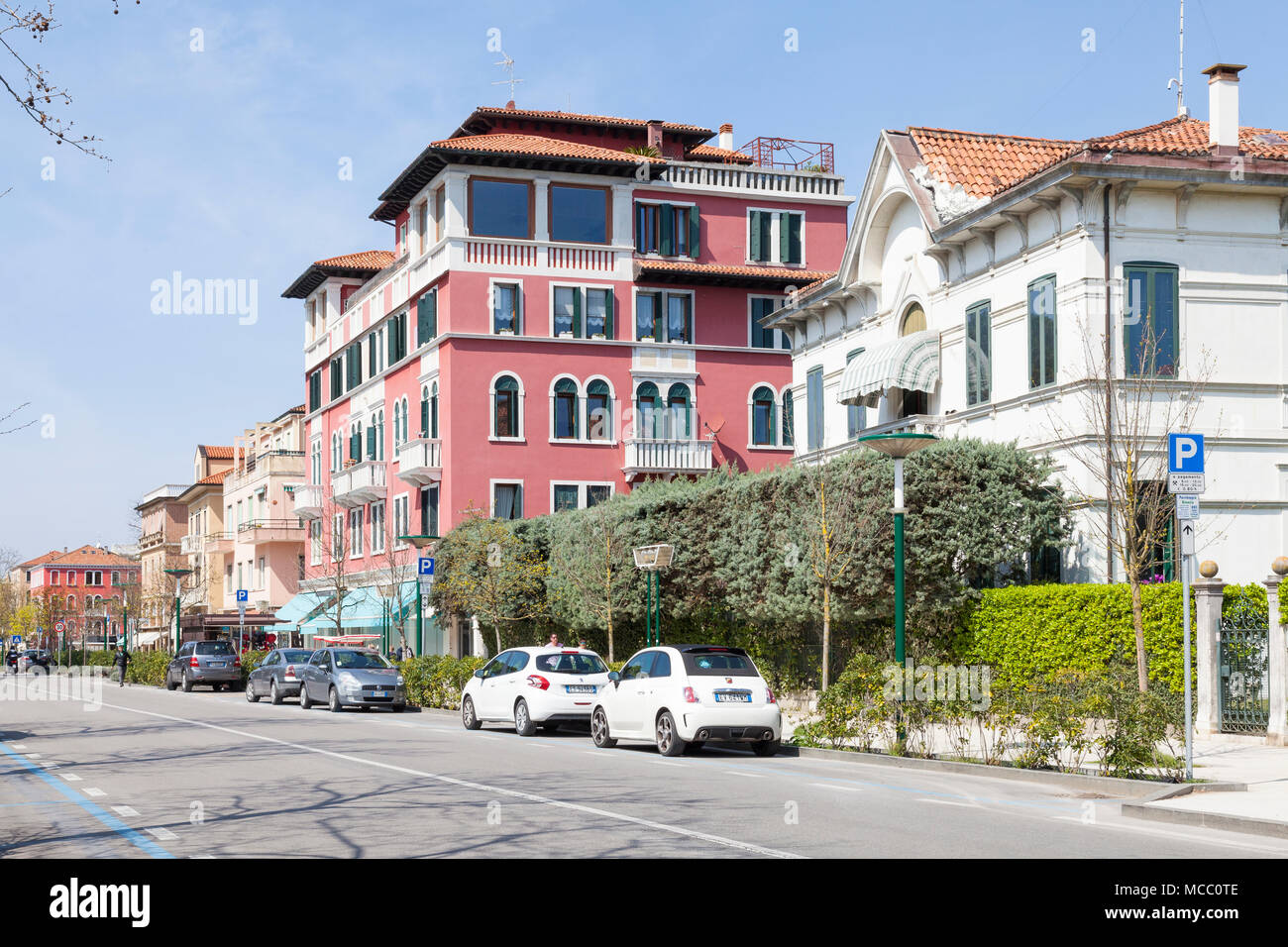 View down Granviale Santa Maria Elisabetta, Lido di Venezia, Venice, Veneto, Italy with its Liberty style architecture Stock Photo