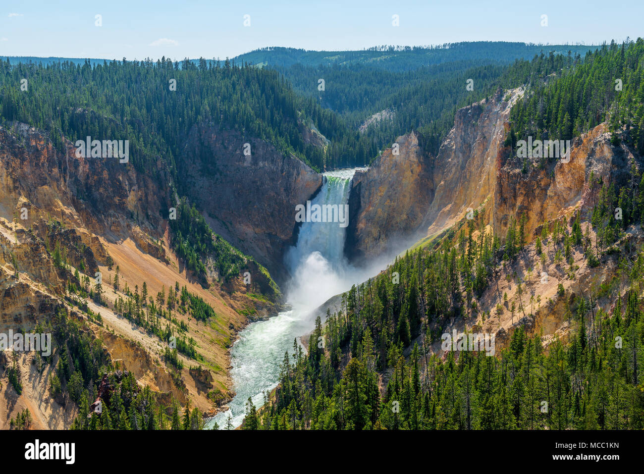Landscape of the pine forest and Upper Yellowstone Falls inside Yellowstone national park on a sunny day in summer, Wyoming, USA. Stock Photo