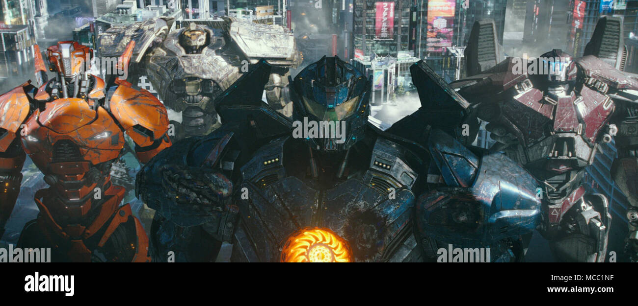 Pacific Rim Uprising is an upcoming American science fiction monster film directed by Steven S. DeKnight and written by DeKnight, Emily Carmichael, Kira Snyder, and T.S. Nowlin from a story by DeKnight and Nowlin. It is the sequel to the 2013 film Pacific Rim, and stars John Boyega, Scott Eastwood.  This photograph is for editorial use only and is the copyright of the film company and/or the photographer assigned by the film or production company and can only be reproduced by publications in conjunction with the promotion of the above Film. A Mandatory Credit to the film company is required. T Stock Photo