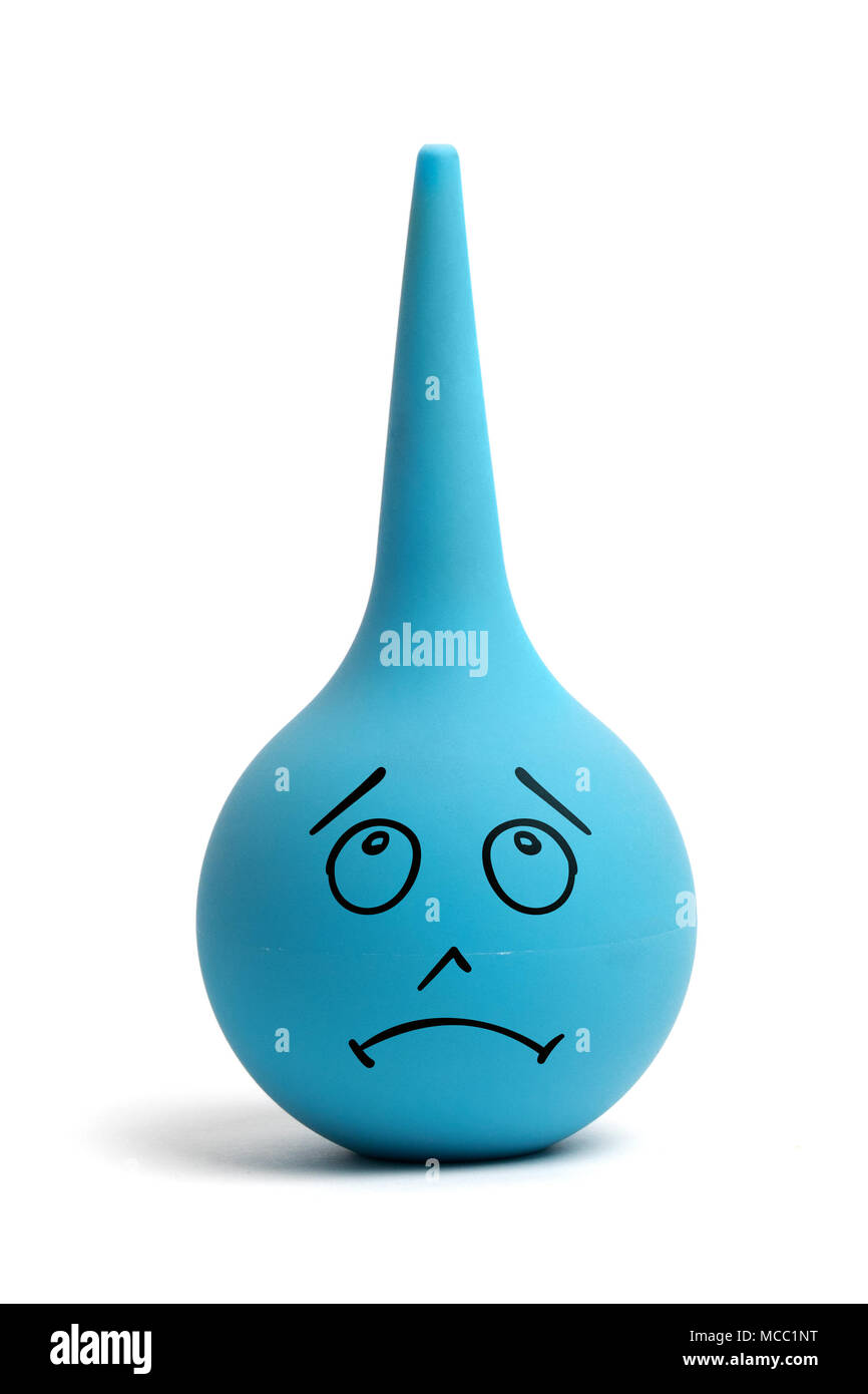 Funny blue cartoon rubber enema with a sad dumpish emotion isolated on white background Stock Photo