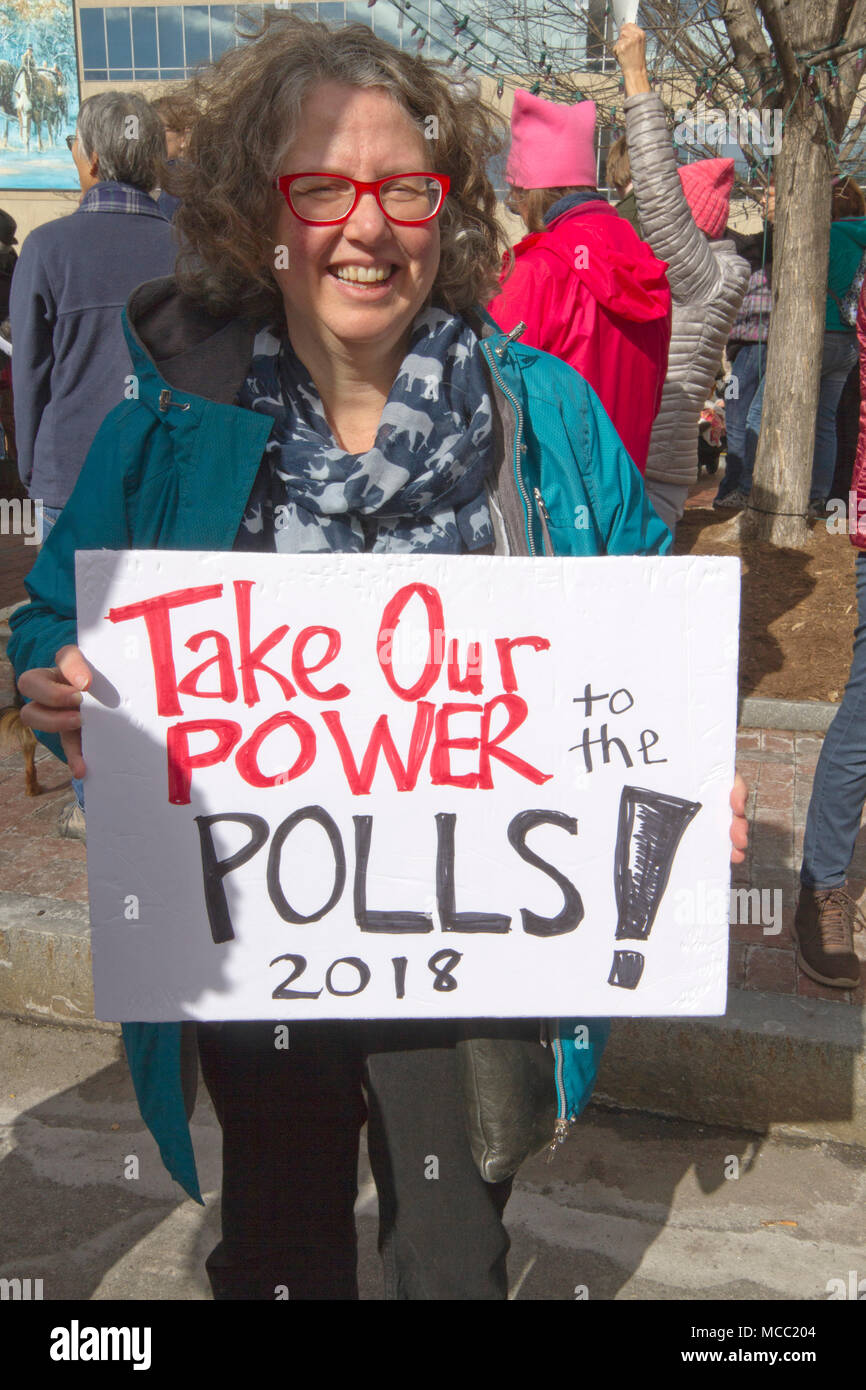 ASHEVILLE, NORTH CAROLINA - JANUARY 20, 2018: A woman in the 2018 Women's March holds a sign saying 'Take our power to the 2018 Polls' alluding to wom Stock Photo
