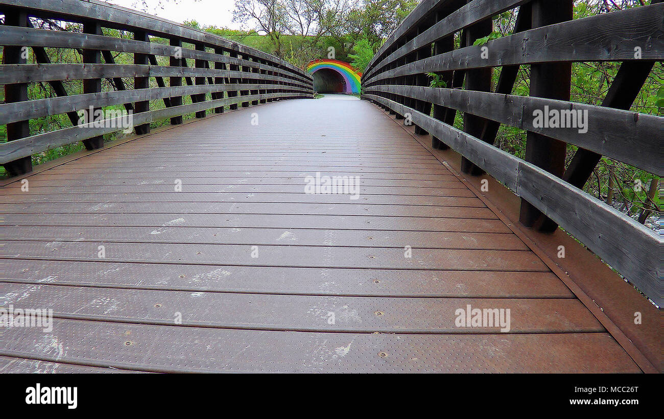 Wooden footbridge over the Don River in Moccasin Trail Park near downtown Toronto, Ontario, Canada. Stock Photo