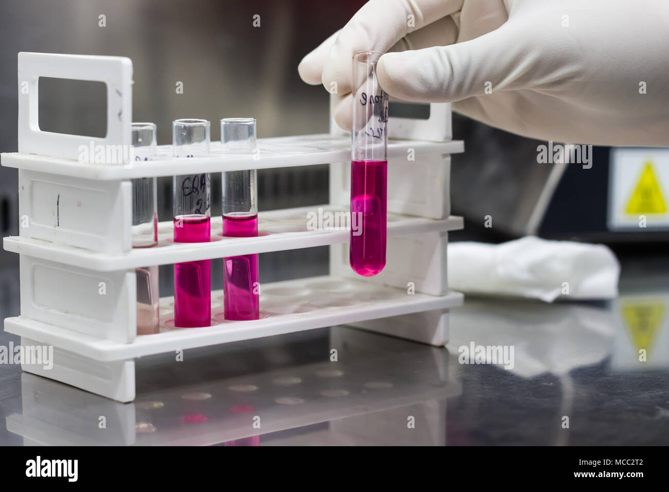 Test tube stand showing Durham's tube in Sugar media demonstrating gas production by bacteria held in gloved hand. Stock Photo