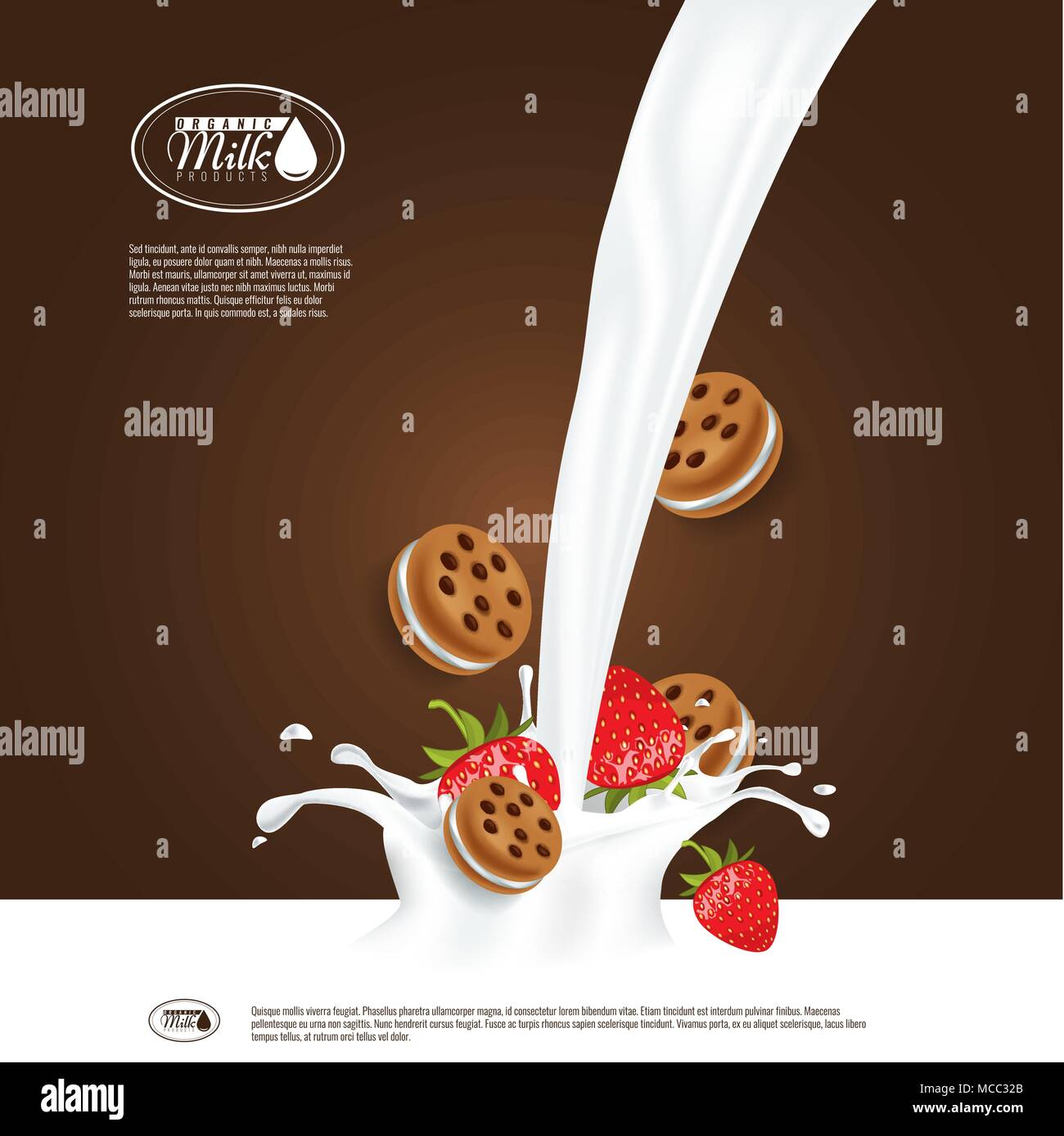 Realistic Vector Milk Splash With Strawberry And Sandwich Cookies