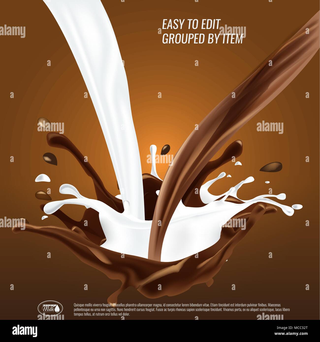 Liquid chocolate and milk flow and spash mixed, 3d vector illustration