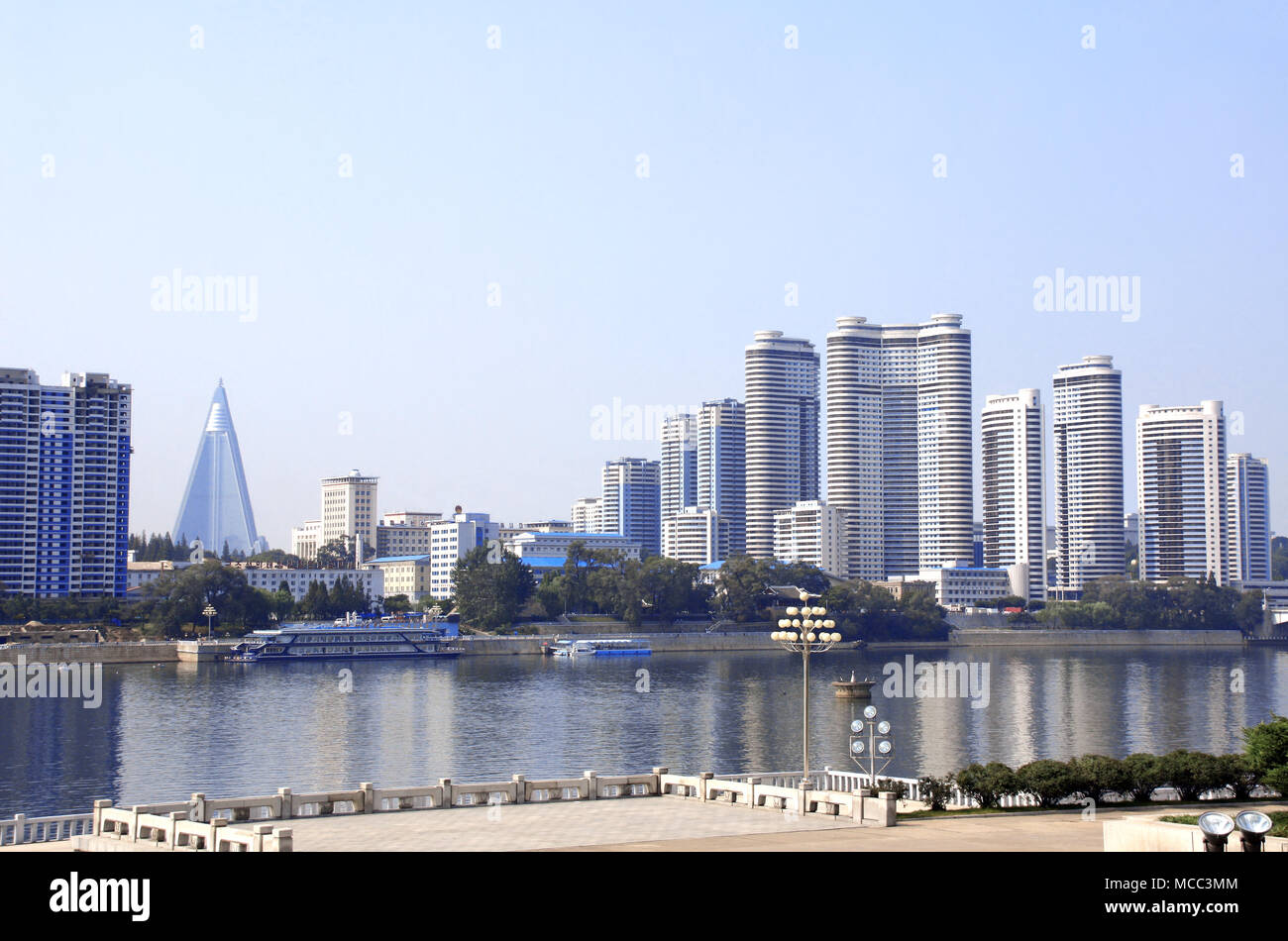 Aerial view of new residential complex and Daedong River (Taedong River), Pyongyang - capital city of North Korea (DPRK). View from the of Juche Tower Stock Photo
