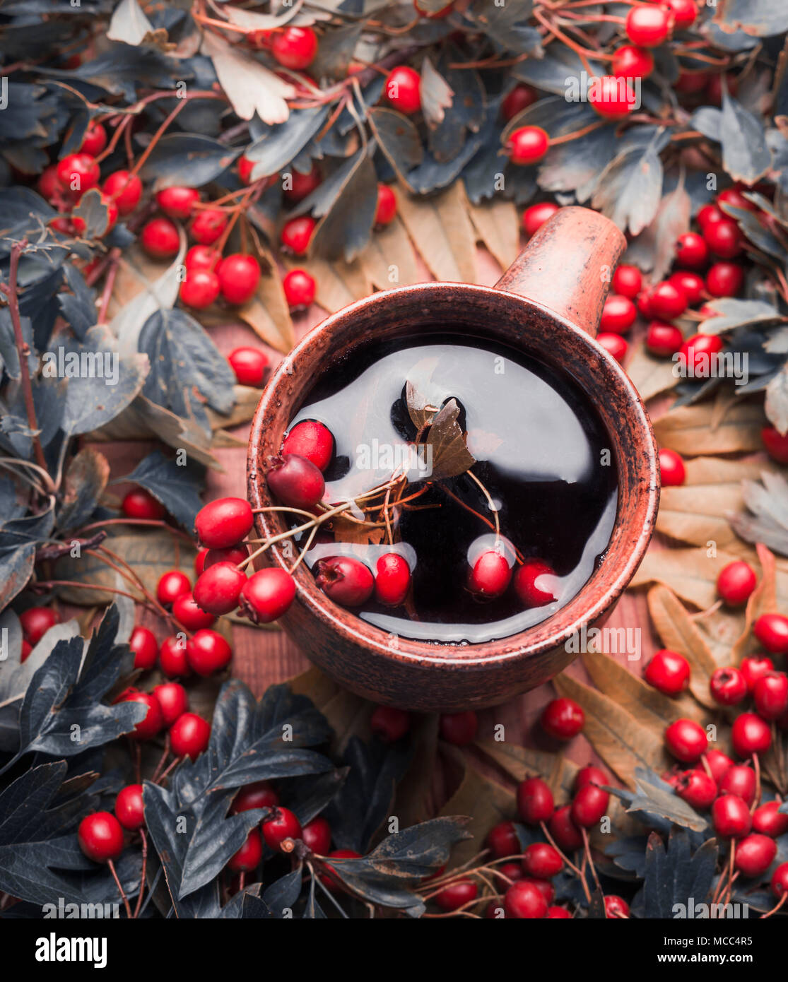 Red Fall Tea Cup of herbal autumn tea with red berries, top view Stock Photo - Alamy