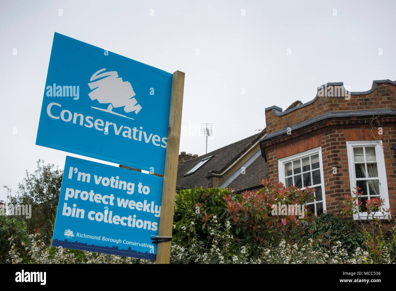 I'm working to protect weekly bin collections  - Conservative local election placard outside a house in SW London, UK Stock Photo