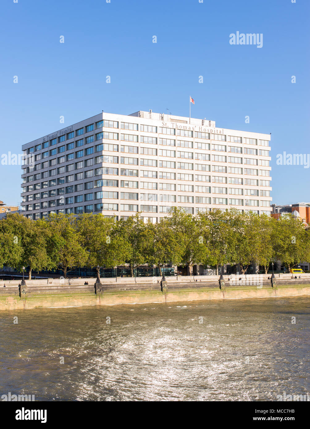 St Thomas' Hospital on the banks of river Thames is a large NHS teaching hospital in Central London, England. Stock Photo