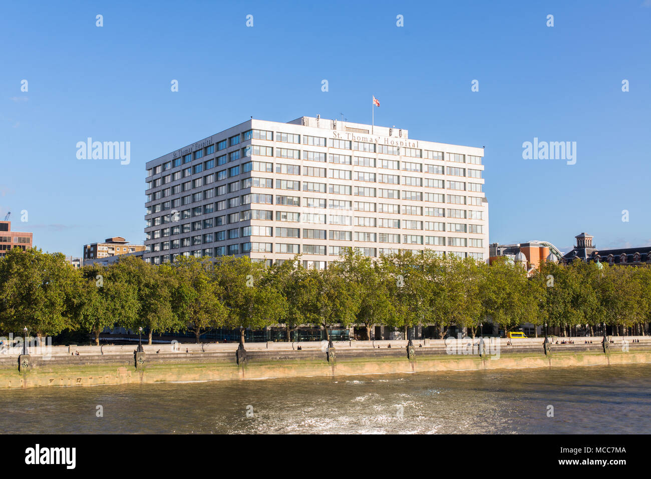 St Thomas' Hospital on the banks of river Thames is a large NHS teaching hospital in Central London, England. Stock Photo