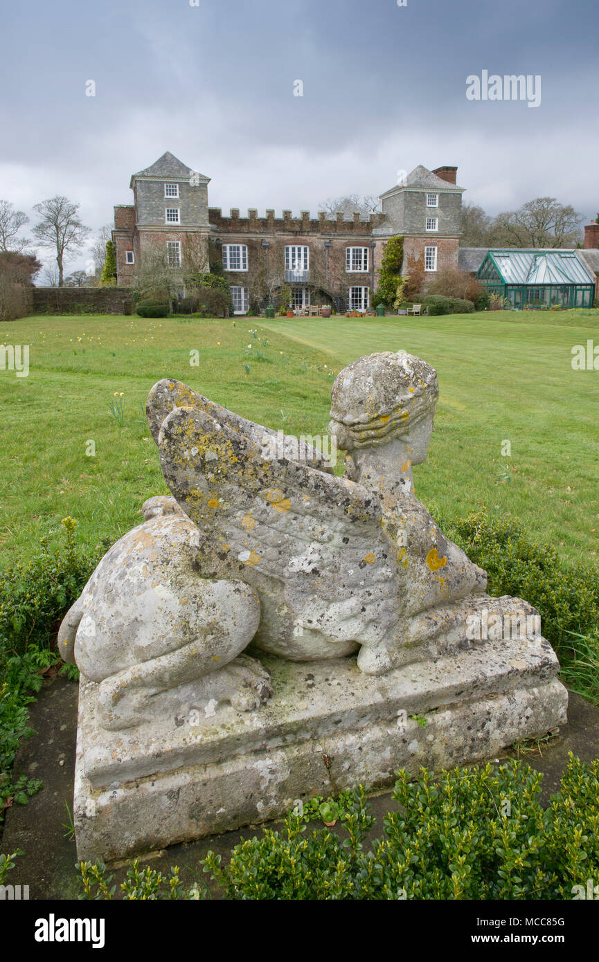 Lord & Lady Boyd (Simon & Alice Boyd) of Ince Castle,Saltash,Cornwall,UK,showing the shellhouse folly,sphinx garden ornament,drawing room etc. Stock Photo
