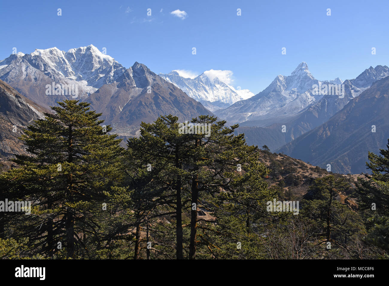 View of Everest, Lhotse, Nuptse and Ama Dablam from Khumjung, Nepal Stock Photo
