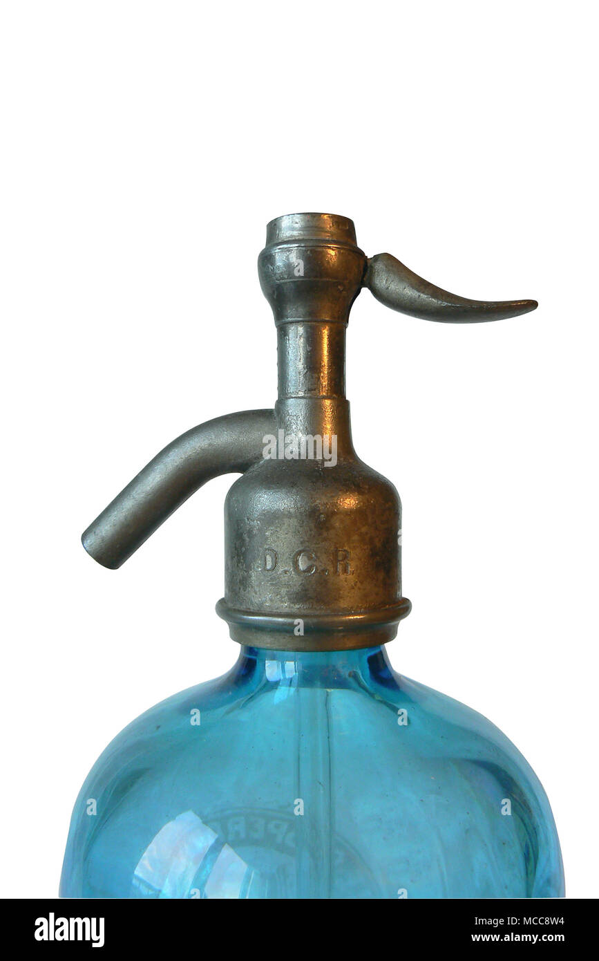 close-up siphon, bottle of old blue Seltz water, cut out Stock Photo