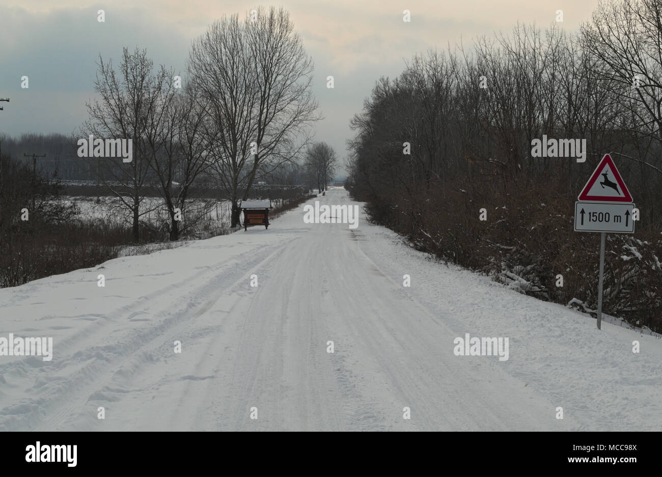 Countryside road covered with a lot of snow during winter Stock Photo