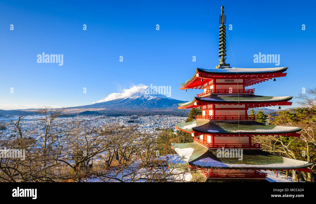 Mt. Fuji with Chureito Pagoda in Winter, Fujiyoshida, Japan Stock Photo