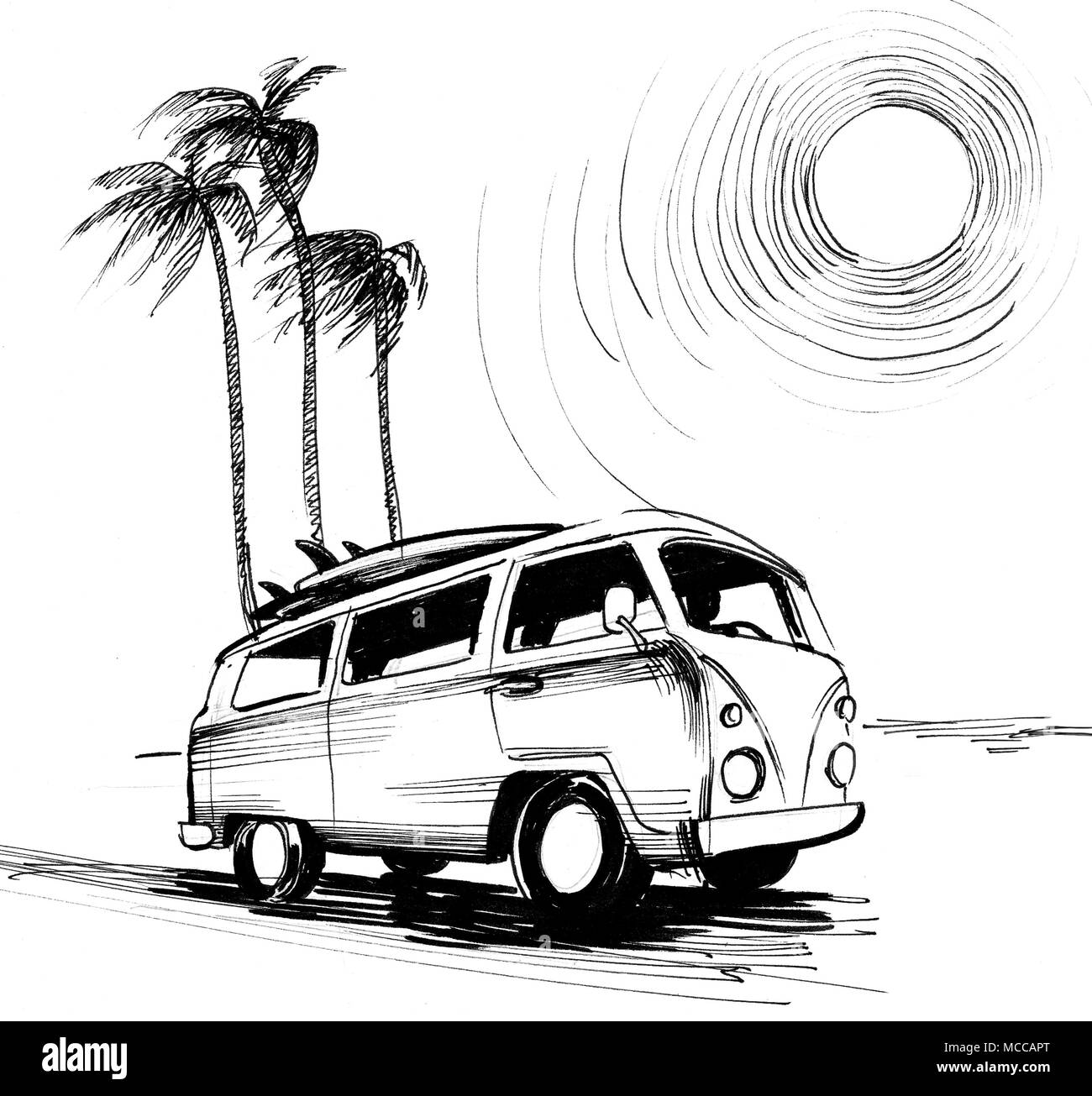 Retro van with a surfing boards on top and palm trees. Ink black and white  drawing Stock Photo - Alamy