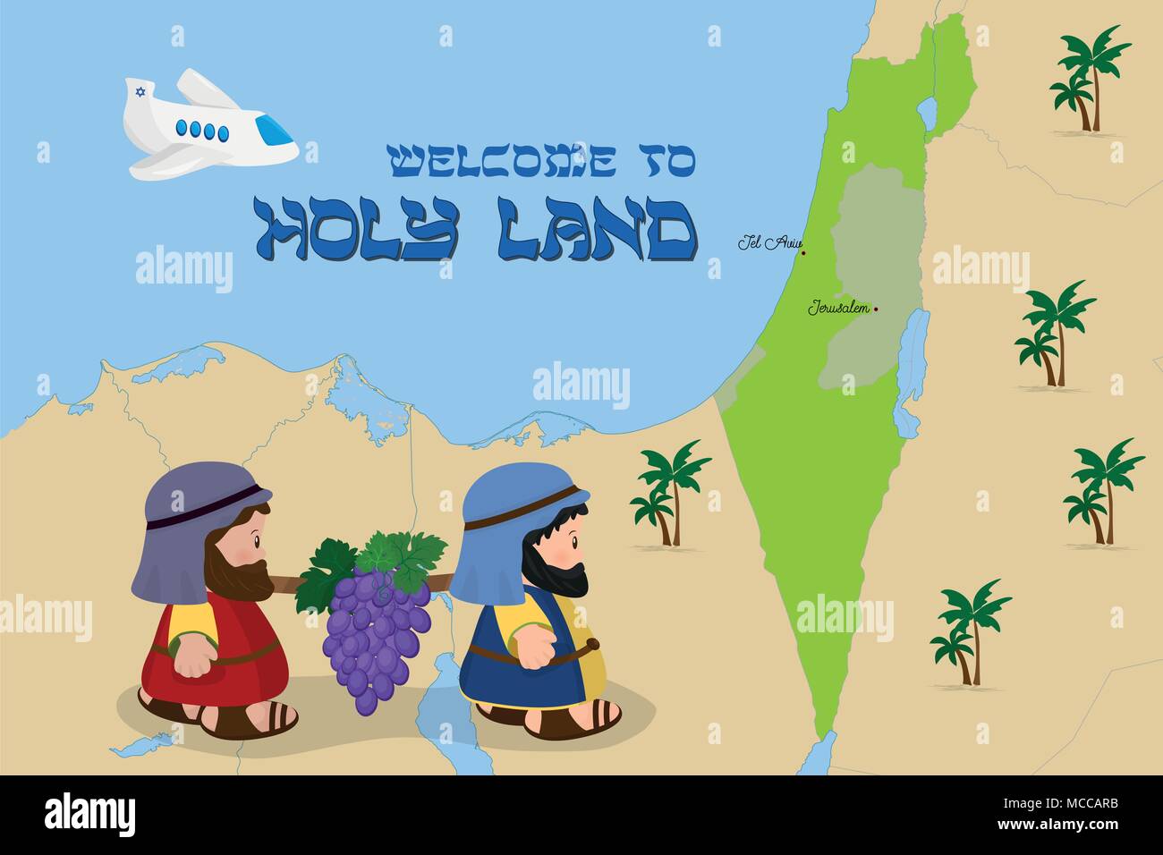 Map of Israel with two spies, Welcome to Holy Land Stock Vector