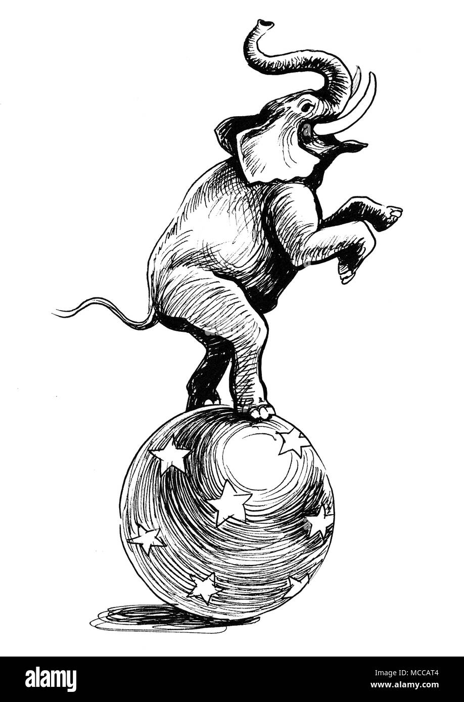 Elephant on the ball. Ink black and white drawing Stock Photo