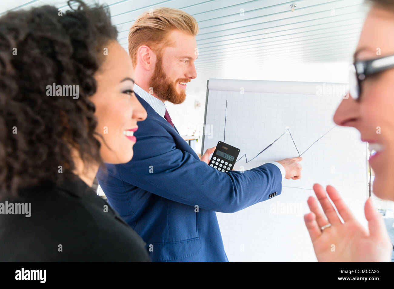 Business people analyze graph at whiteboard Stock Photo