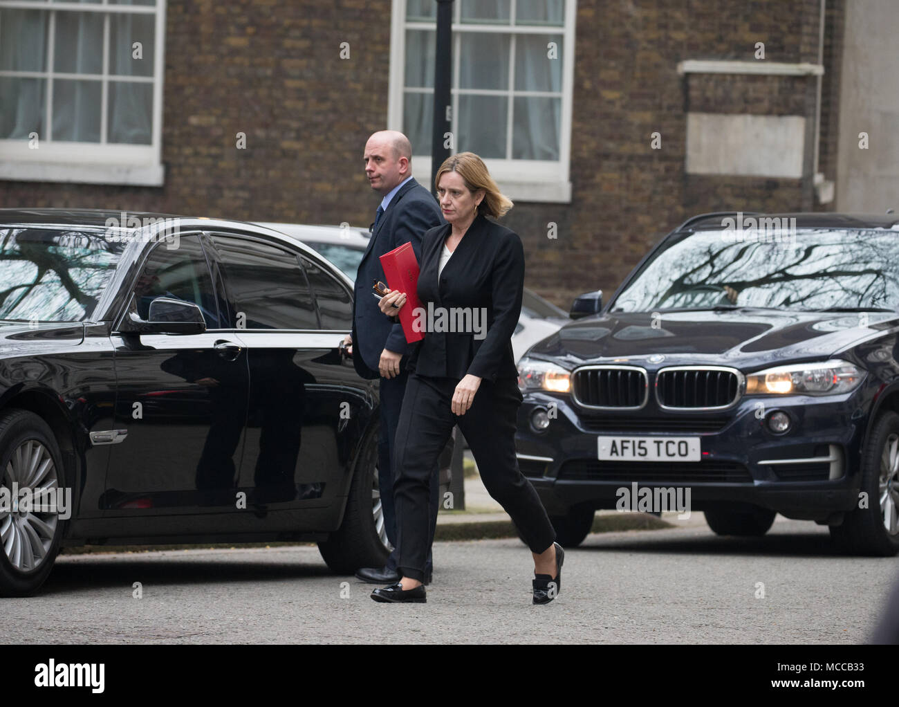 Home Secretary, Amber Rudd, arrives at Downing Street for the Emergency War Cabinet meeting to discuss the situation in Syria. Stock Photo