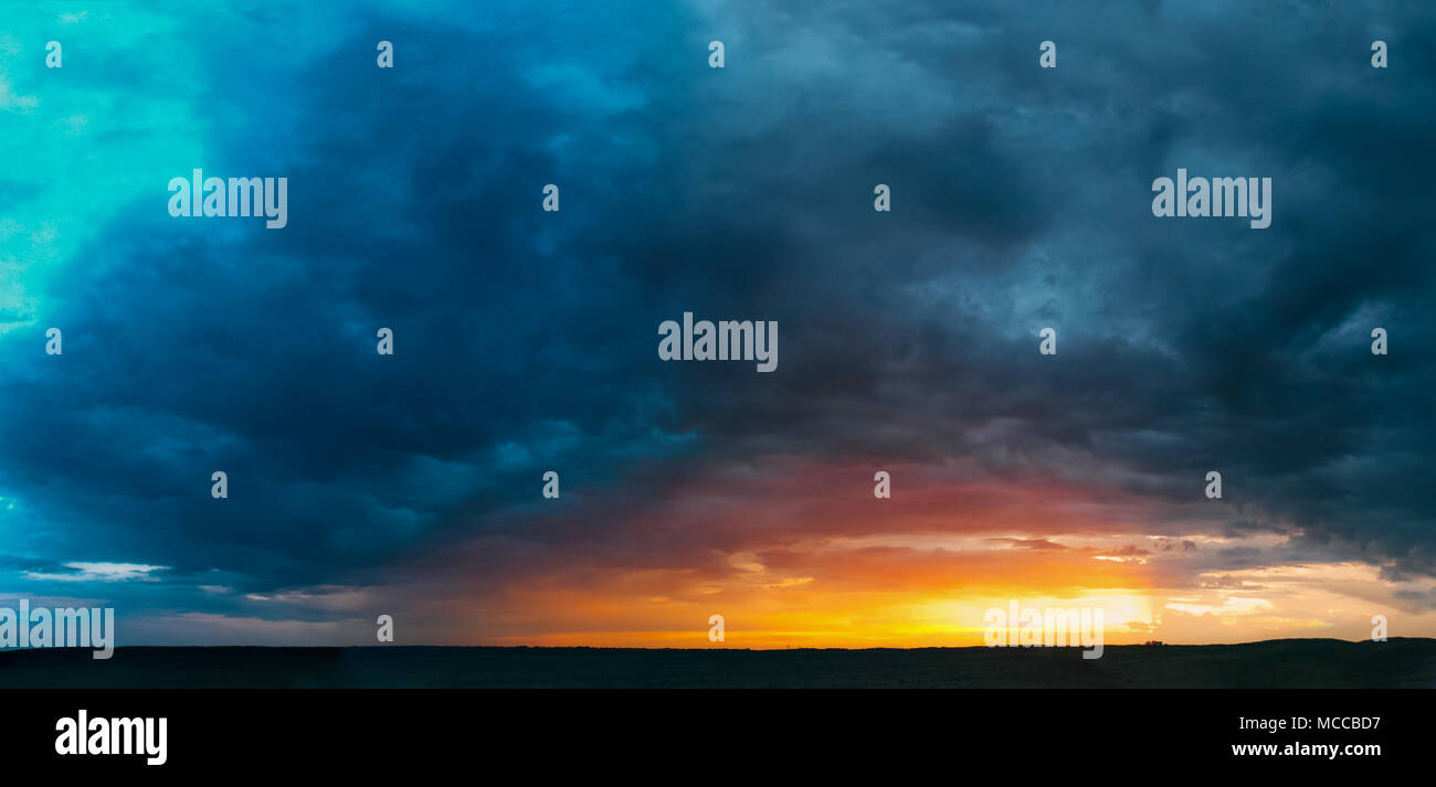 Panoramic View Sunrise Sky Landscape. Natural Bright Dramatic Sky In ...