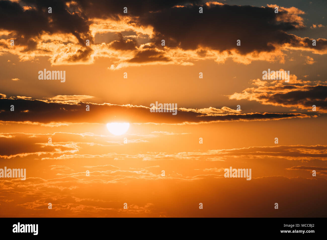 Bright Orange And Yellow Warm Colors Sun In Sunset Sunrise Sky ...