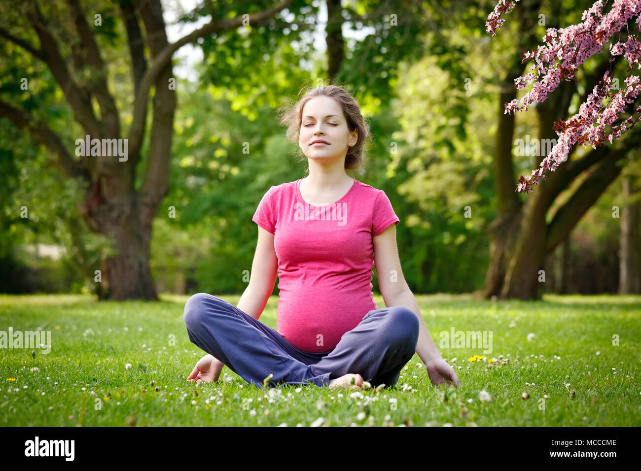 Pregnant woman relaxing in the spring park Stock Photo - Alamy