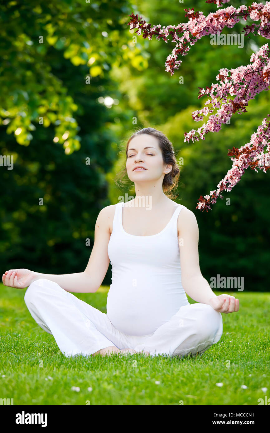 Beautiful pregnant woman in the spring park Stock Photo - Alamy