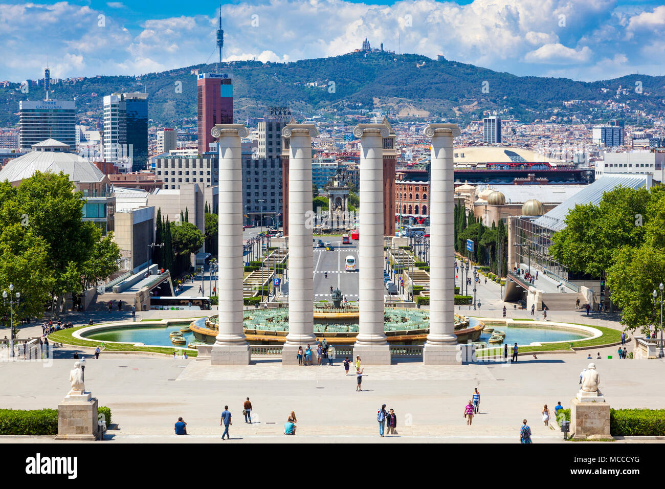 The Four Columns (Les Quatre Columnes), the Magic Fountain and view of the city from the Montjuic hill, Barcelona, Spain Stock Photo