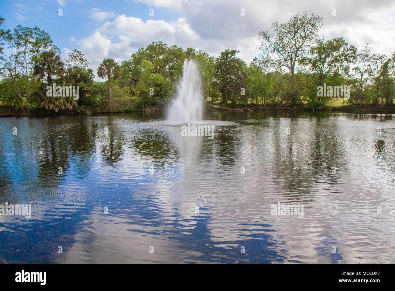 Fountain in lake in Audubon Park, New Orleans, Louisiana, USA. Blue sky