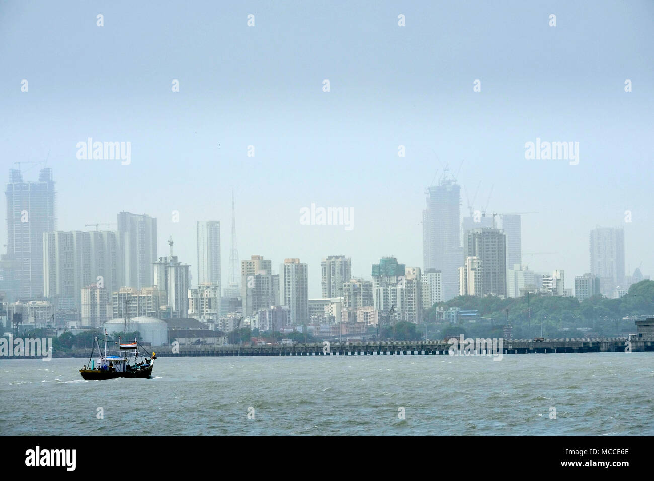 The skyline of modern Mumbai with the Arabian Sea in the foreground Stock Photo
