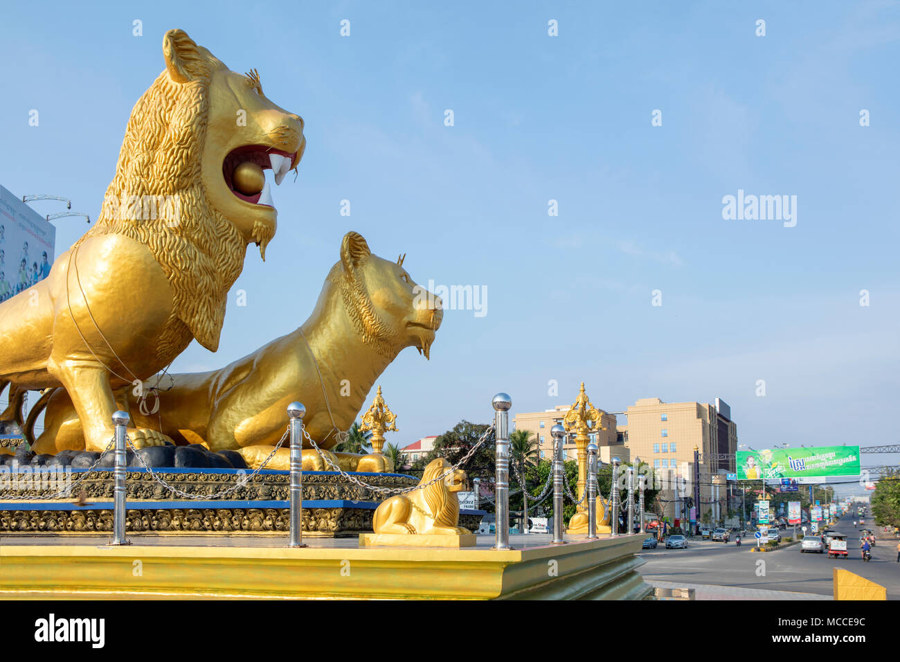 Golden Lion Monument in the centre of Sihanoukville town, Cambodia Stock Photo