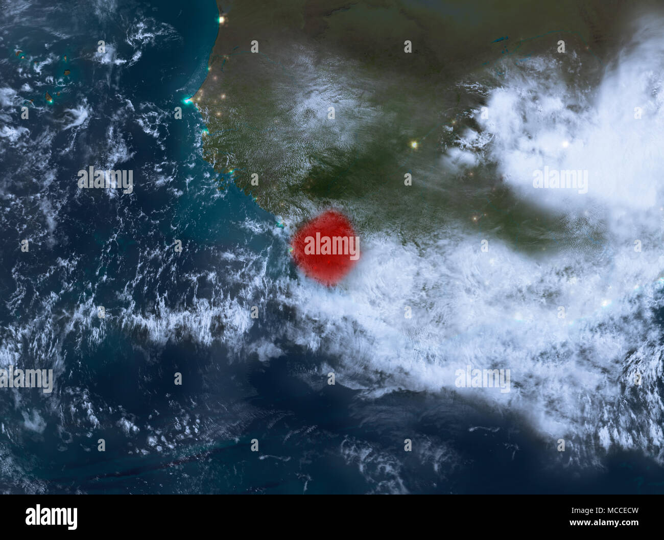 Country of Sierra Leone in red on planet Earth with clouds at night. 3D ...