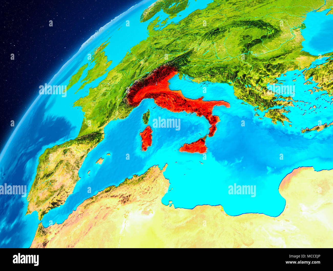 Orbit view of Italy highlighted in red on planet Earth. 3D illustration ...