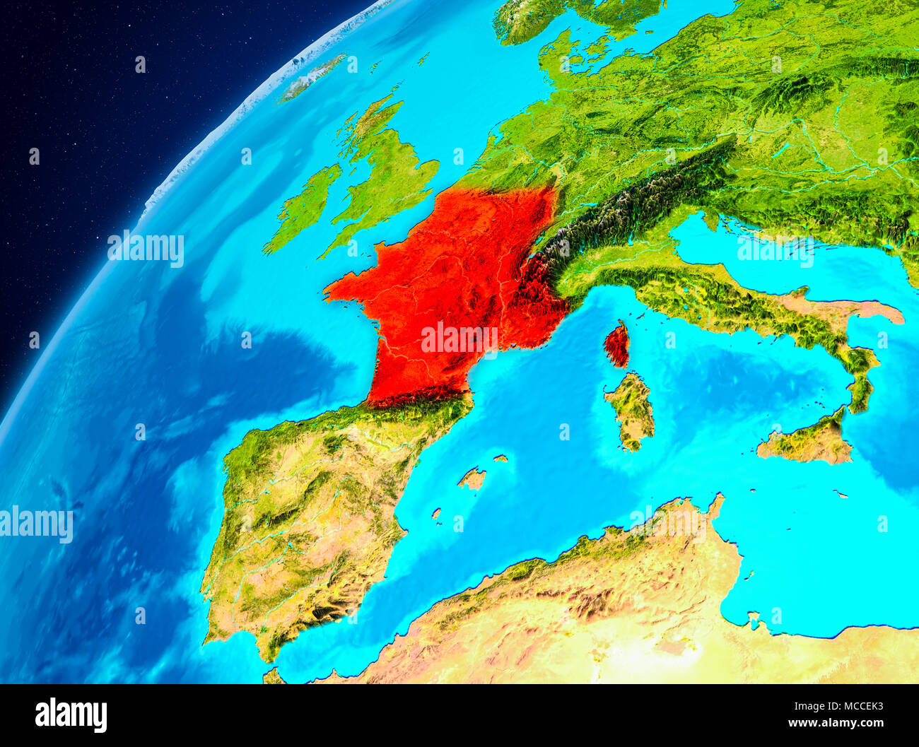 Orbit view of France highlighted in red on planet Earth. 3D illustration. Elements of this image furnished by NASA. Stock Photo