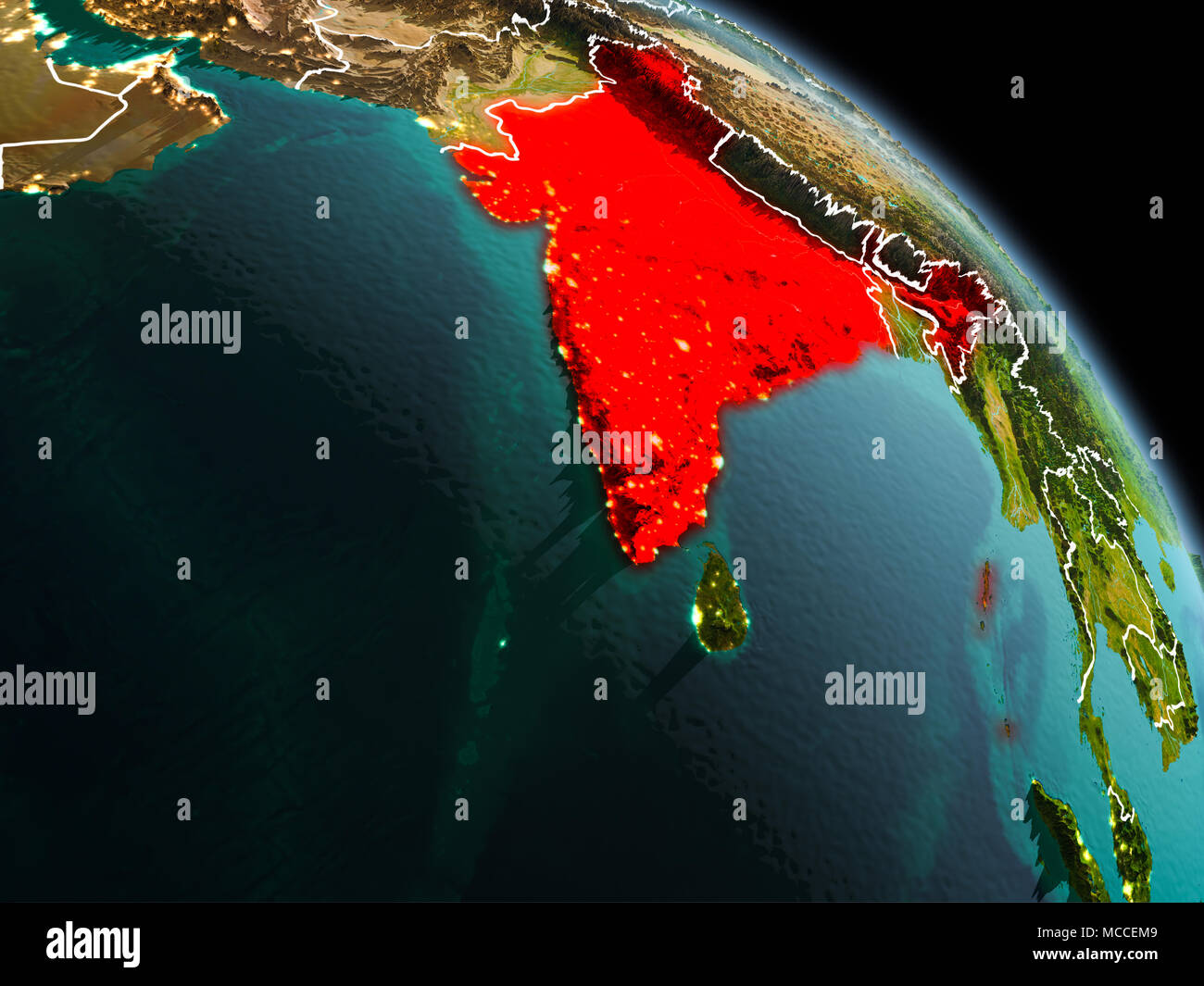 India Highlighted On World Map Hi Res Stock Photography And Images Alamy Early Morning View Of India Highlighted In Red On Planet Earth With Visible Border Lines And City Lights 3d Illustration Elements Of This Image Furn MCCEM9 