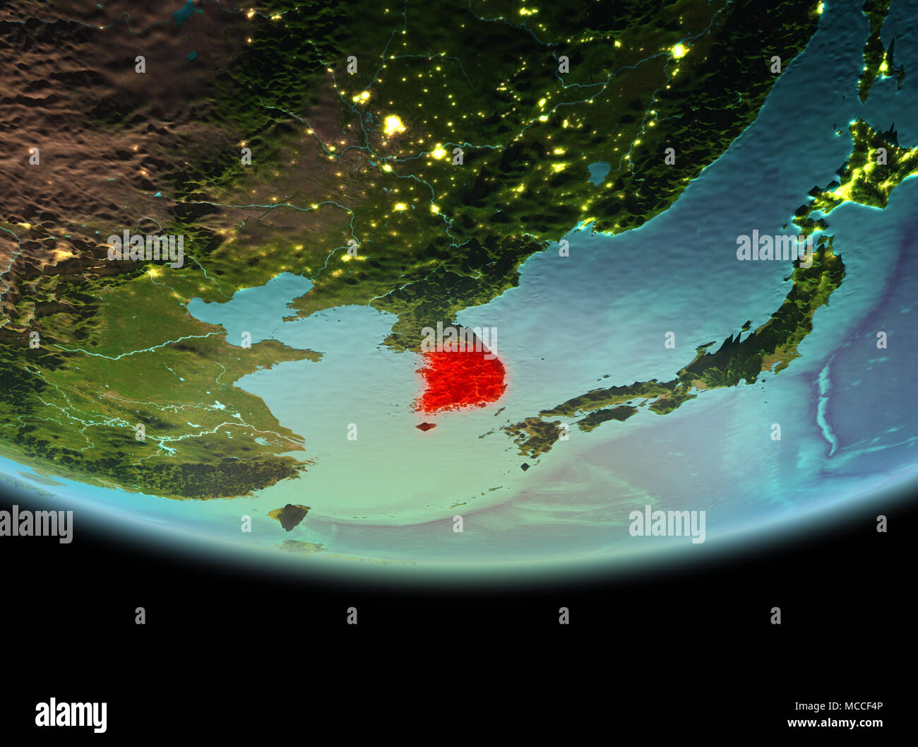 South Korea from orbit of planet Earth at night with highly detailed ...