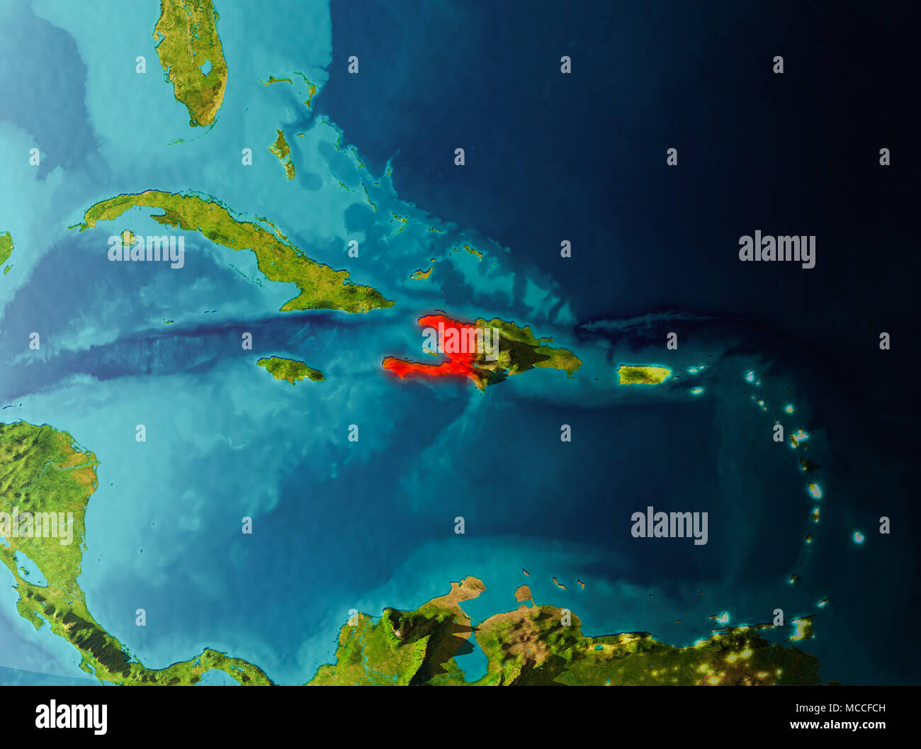 Haiti in early morning light highlighted in red on planet Earth. 3D ...