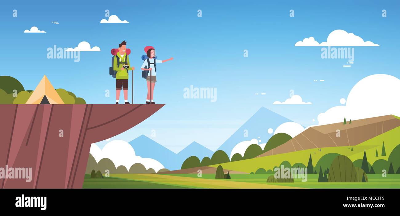 Couple Of Tourists With Backpacks Over Beautiful Nature Landscape Background Man And Woman Hiking Stock Vector