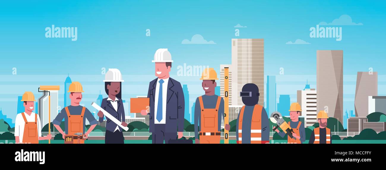 Construction Workers Team Over Modern City Background Horizontal