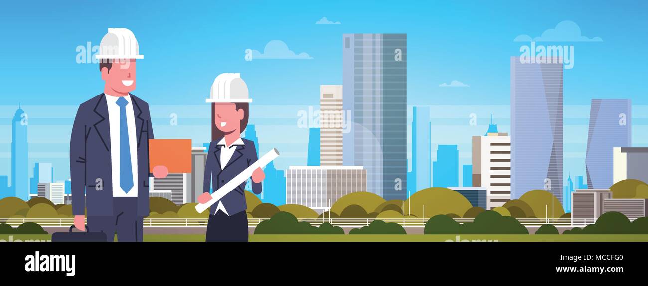 Business Man And Woman Construction Worker Over Modern City